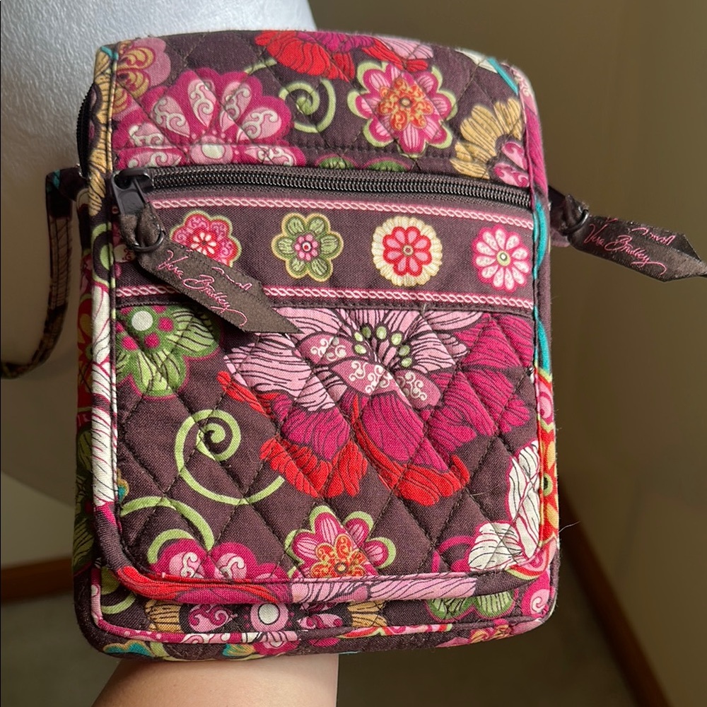Vera Bradley Brown and Pink Crossbody Bag with Quilted Floral Design